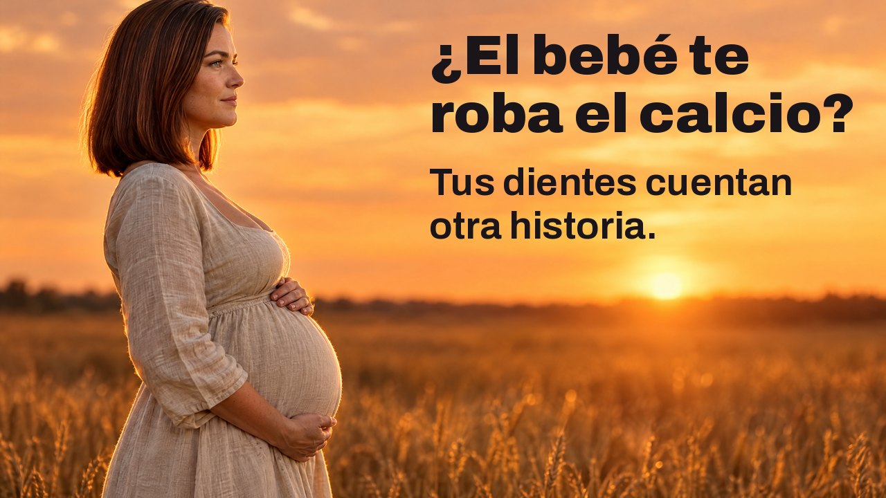 ¿El bebé te roba el calcio? Tus dientes cuentan otra historia. Una mujer embarazada de perfil sostiene su vientre en un trigal al atardecer, con el cielo naranja detrás.