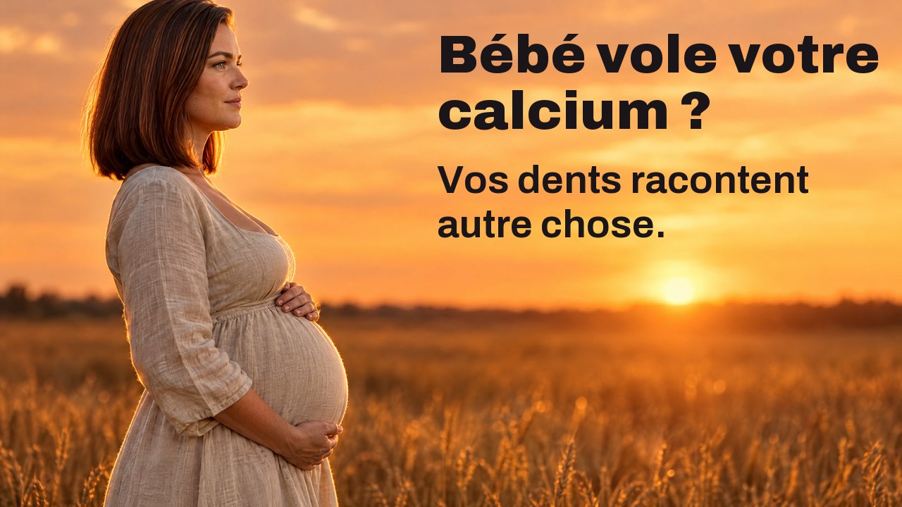 Bébé vole t il votre calcium ? Vos dents racontent autre chose. Une femme enceinte de profil tient son ventre dans un champ de blé au coucher du soleil, le ciel orange derrière elle.