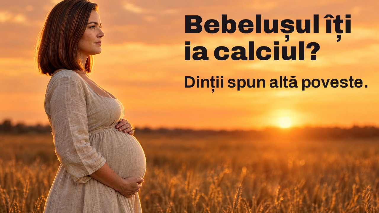 Bebelușul îți ia calciul? Dinții spun altă poveste. O femeie însărcinată din profil își ține burta în lanul de grâu la apus, cerul portocaliu în spate.
