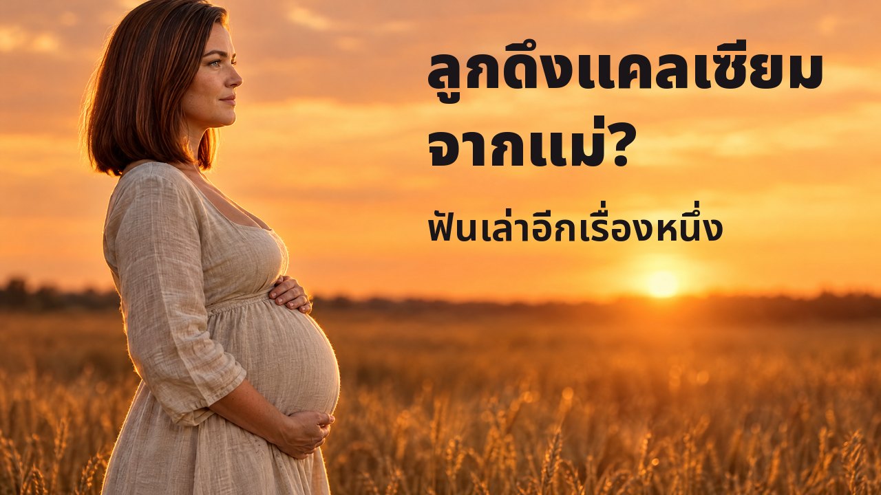 ลูกดึงแคลเซียมจากแม่? ฟันเล่าอีกเรื่องหนึ่ง หญิงตั้งครรภ์ด้านข้างโอบท้องกลางทุ่งข้าวสาลียามพระอาทิตย์ตก ท้องฟ้าสีส้มเรืองอยู่ด้านหลัง