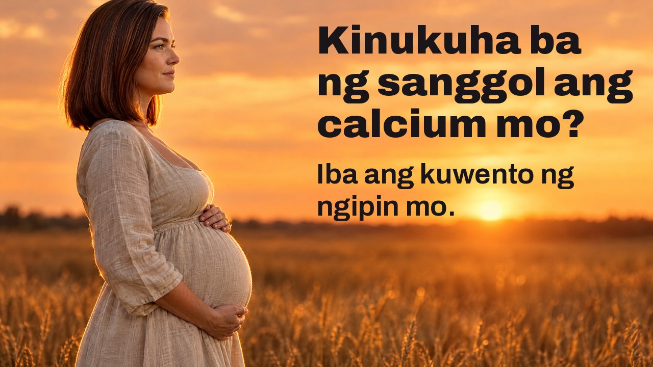 Kinukuha ba ng sanggol ang calcium mo? Iba ang kuwento ng ngipin mo. Isang buntis na nakatagilid ang yakap sa tiyan sa bukid ng trigo sa paglubog ng araw, kahel ang langit sa likod.