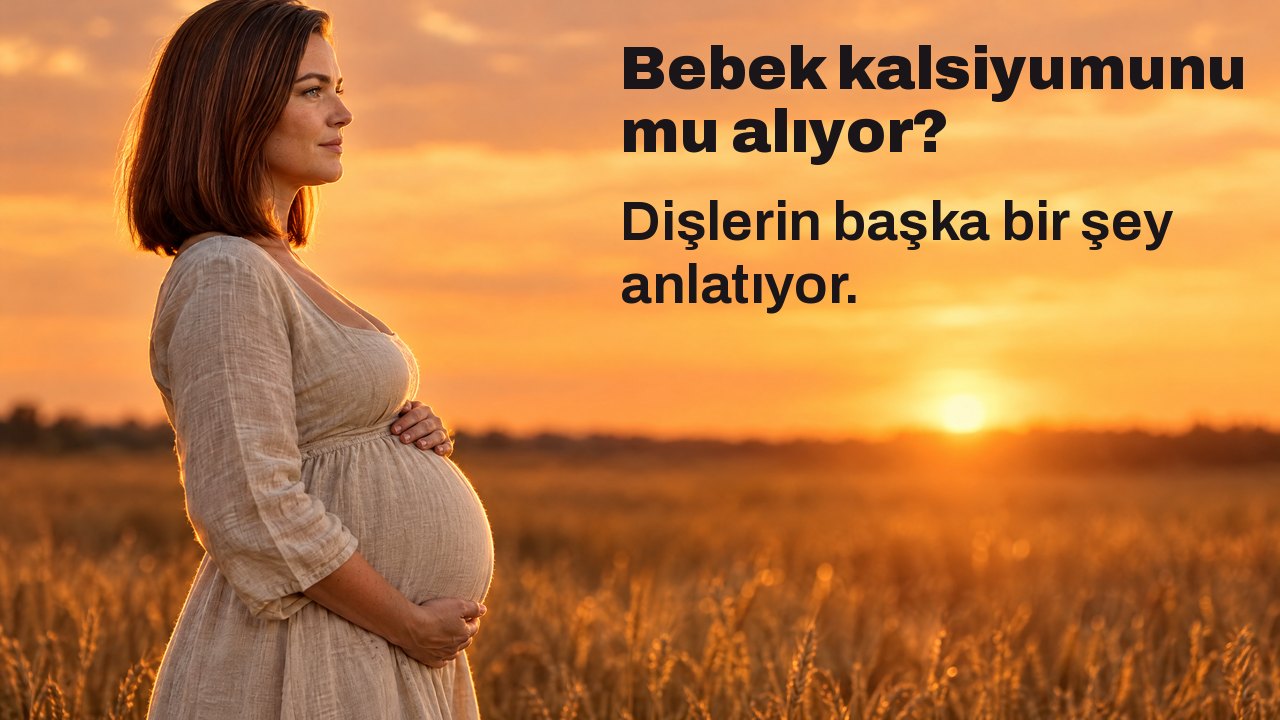 Bebek kalsiyumunu mu alıyor? Dişlerin başka bir şey anlatıyor. Profilden hamile bir kadın gün batımında buğday tarlasında karnını tutuyor, arkasında turuncu gökyüzü.
