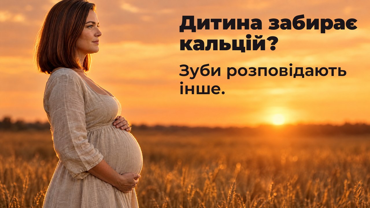 Дитина забирає кальцій? Зуби розповідають інше. Вагітна жінка в профіль обіймає живіт у пшеничному полі на заході сонця, позаду світиться помаранчеве небо.