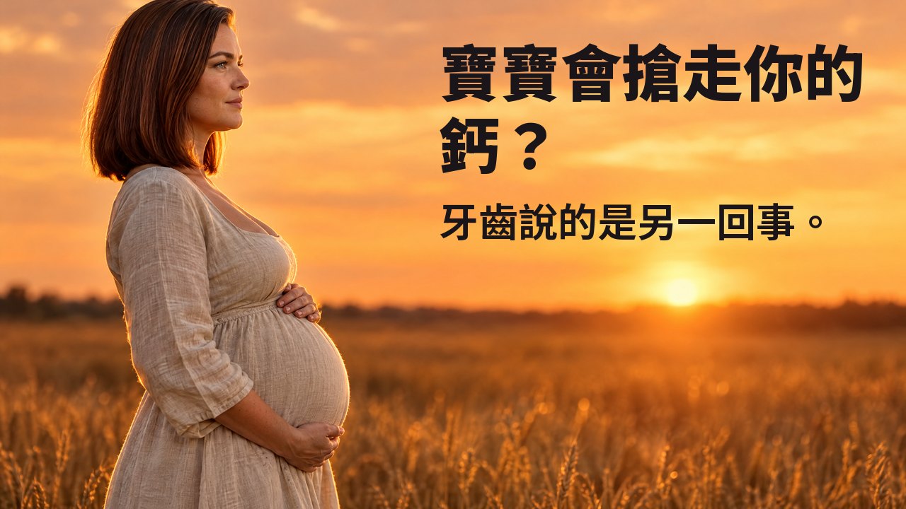 寶寶會搶走你的鈣? 牙齒說的是另一回事。 孕婦側身在夕陽下的麥田裡捧著肚子,身後是橙色的天空。