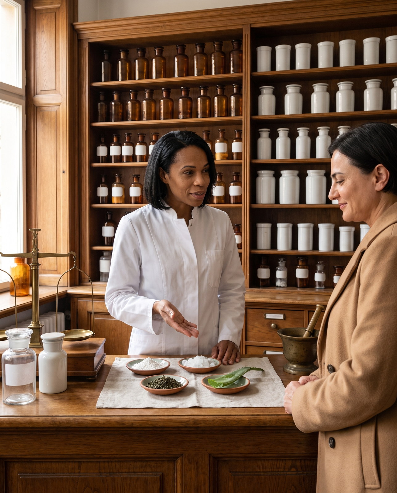 Premium oral care ingredients — a pharmacist in a wood-panelled apothecary lays out dishes of hydroxyapatite, xylitol crystals, green tea and cut aloe for a customer