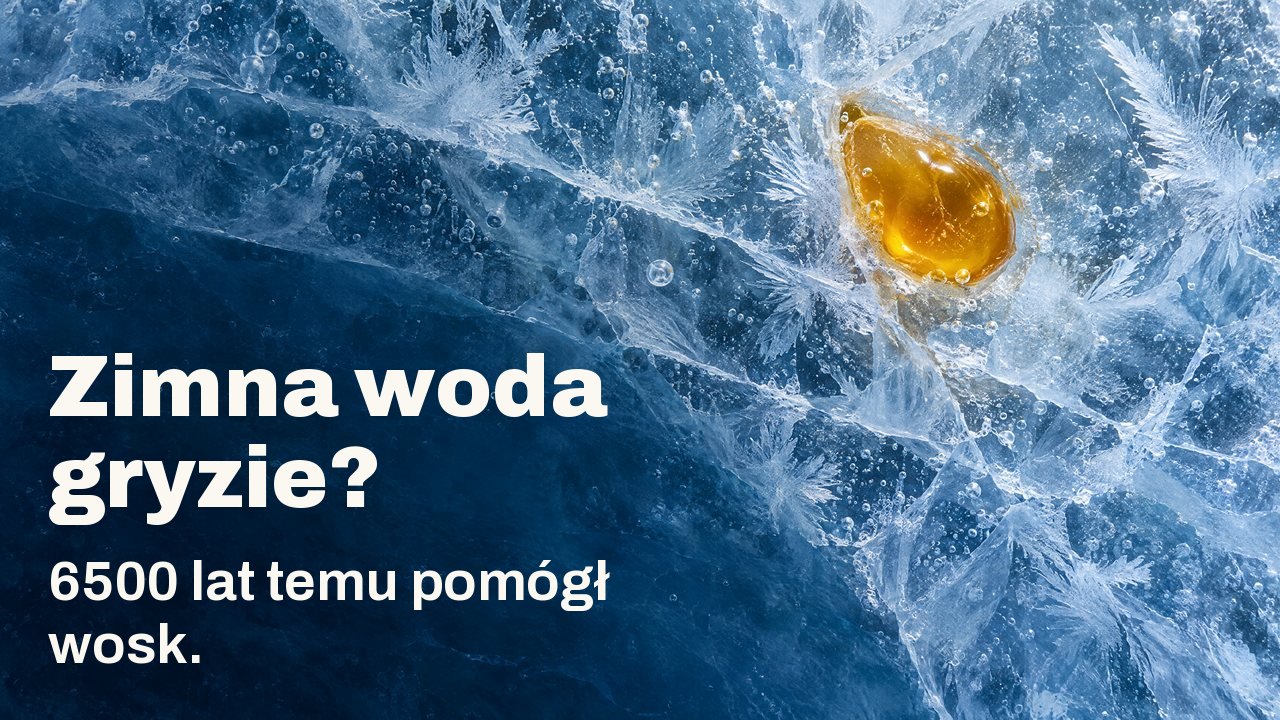 Zimna woda gryzie? 6500 lat temu pomógł wosk. Z góry: kropla złotego wosku pszczelego zamrożona w popękanym niebieskim lodzie z kwiatami szronu i pęcherzykami powietrza.