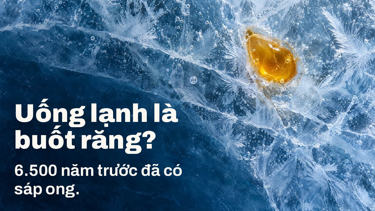 Uống lạnh là buốt răng? 6.500 năm trước đã có sáp ong. Nhìn từ trên xuống: một giọt sáp ong vàng óng đông cứng trong lớp băng xanh nứt nẻ, với hoa văn sương giá và bọt khí.