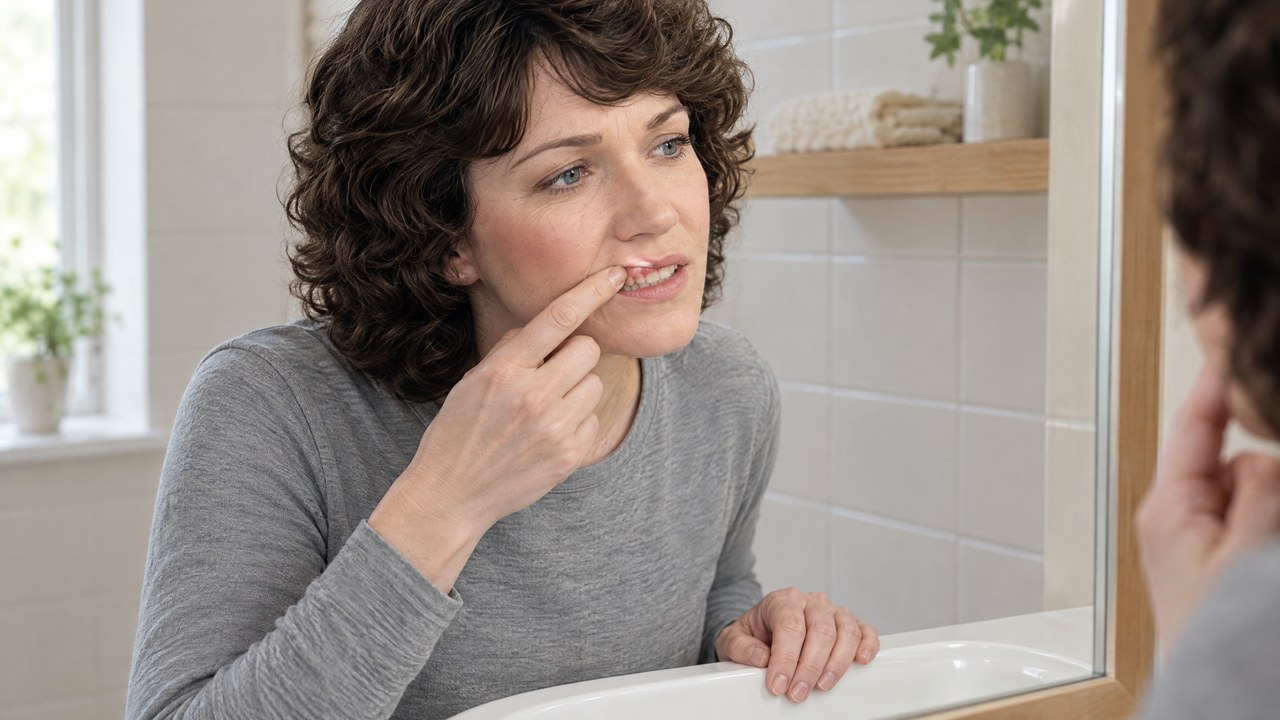 A woman in her forties leans close to a bathroom mirror in flat morning daylight, lifting her upper lip with one fingertip to look at the gum line above a back tooth, her other hand resting on the edge of the basin.