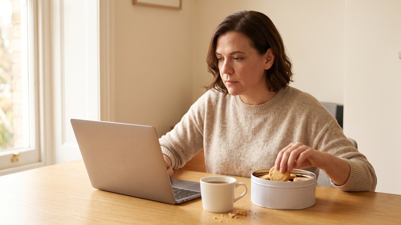 A woman in a knit sweater works at a laptop by a window in the afternoon, her right hand reaching without looking into an open tin of biscuits beside a mug of tea.