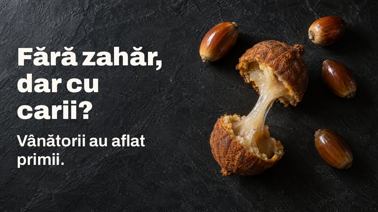Fără zahăr, dar cu carii? Vânătorii au aflat primii. Văzut de sus: ghinde decojite și o turtă de ghindă ruptă, cu un fir lipicios de amidon între jumătăți, pe ardezie închisă.