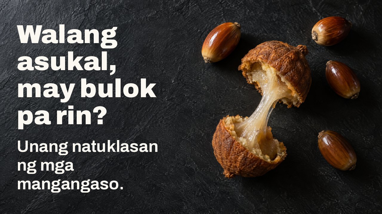 Walang asukal, may bulok pa rin? Unang natuklasan ng mga mangangaso. Mula sa itaas: binalatang acorn at hinating acorn cake na may malagkit na hibla ng almirol sa pagitan, sa madilim na slate.
