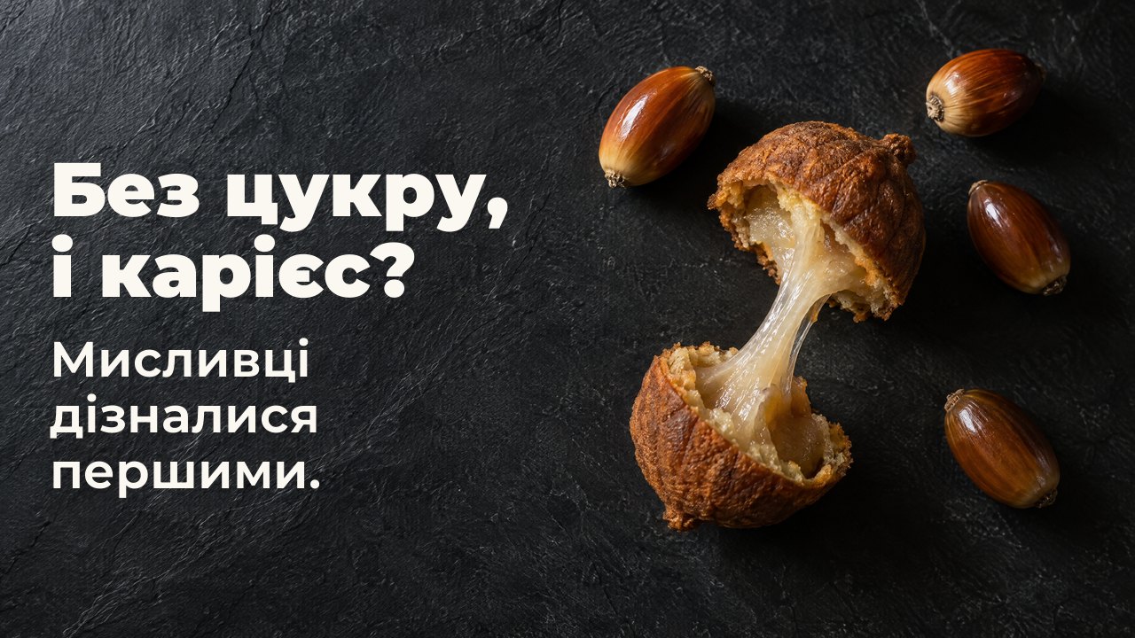 Без цукру: і карієс? Мисливці дізналися першими. Вигляд згори: очищені жолуді й розламаний жолудевий корж із тягучою липкою ниткою крохмалю, на темному сланці.