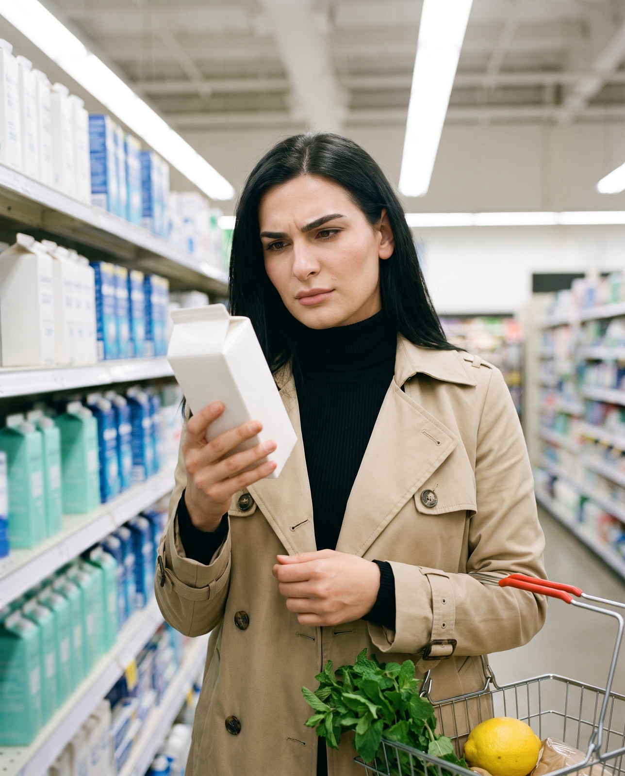 Tooth enamel erosion — a woman in a supermarket oral-care aisle reads the blank back of a carton with a sceptical frown, mint and a lemon in her basket