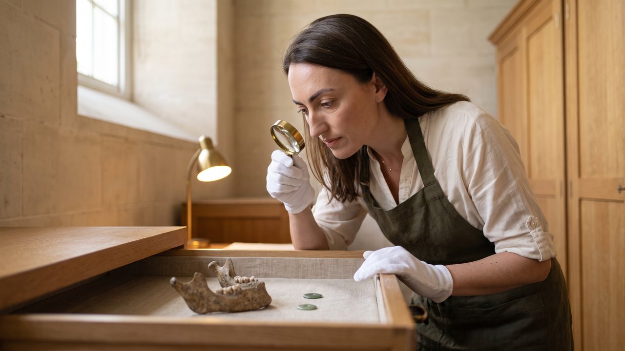 In a museum storeroom, a conservator in white cotton gloves looks through a brass hand lens over an open drawer that holds an ancient jaw fragment and two small jade-green discs.