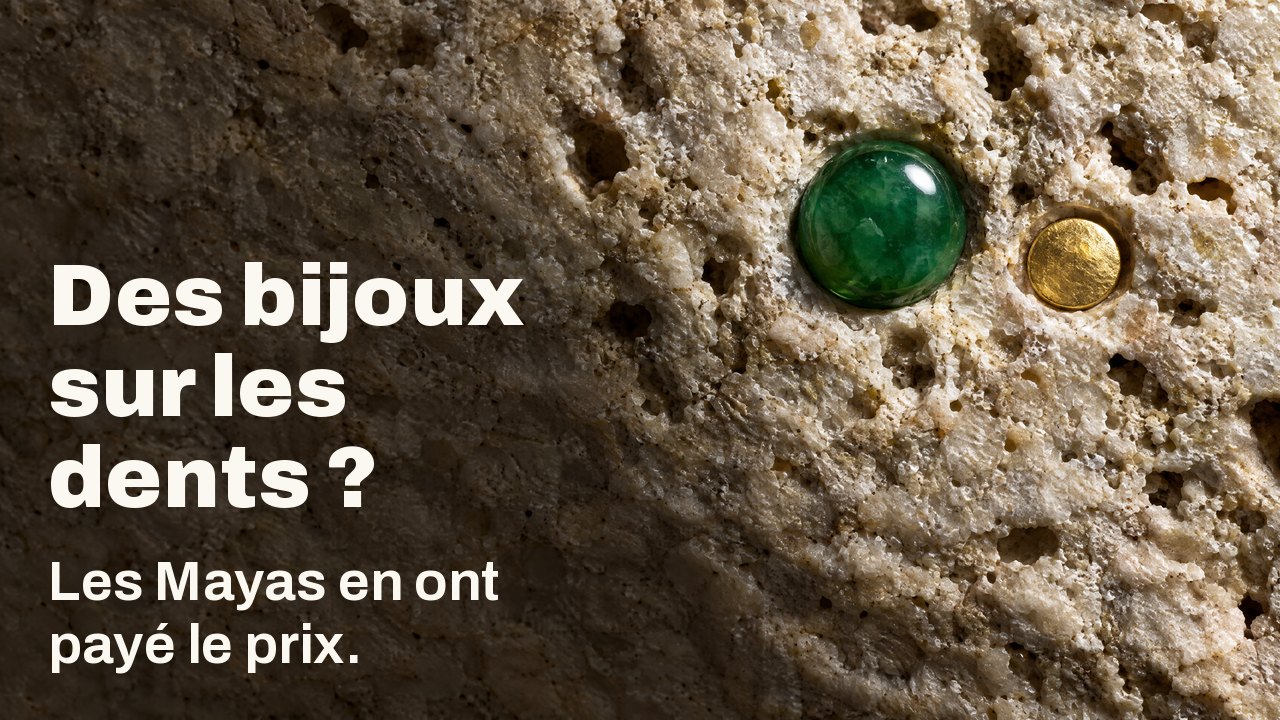 Des bijoux sur les dents ? Les Mayas en ont payé le prix. Macro en lumière rasante : un jade poli et un petit disque d’or sertis dans un calcaire clair et rugueux.