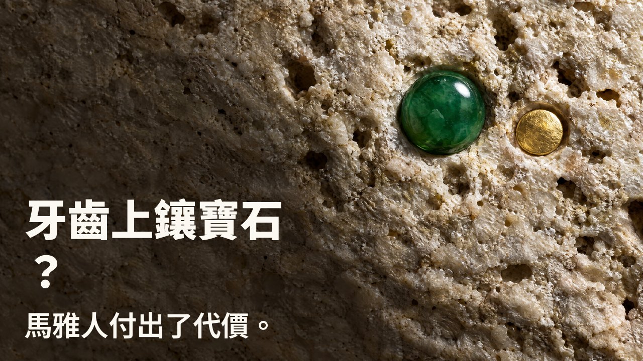 牙齒上鑲寶石? 馬雅人付出了代價。 斜光微距:一顆拋光的玉石和一枚小金片嵌在粗糙的淺色石灰岩中。
