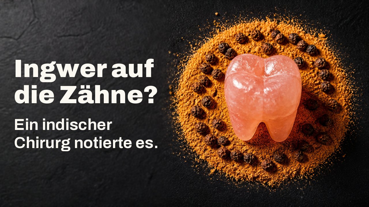 Ingwer auf die Zähne? Ein indischer Chirurg notierte es. Von oben auf dunklem Indigostoff: ein Backenzahn, aus rosa Steinsalz geschnitten, steht in einem Ring aus orangem gemahlenem Trockeningwer und schwarzem Pfeffer.