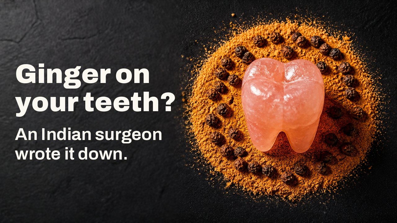 Ginger on your teeth? An Indian surgeon wrote it down. Seen from above on deep indigo cloth: a molar carved from pink rock salt standing in a ring of orange ground dry ginger and black pepper.