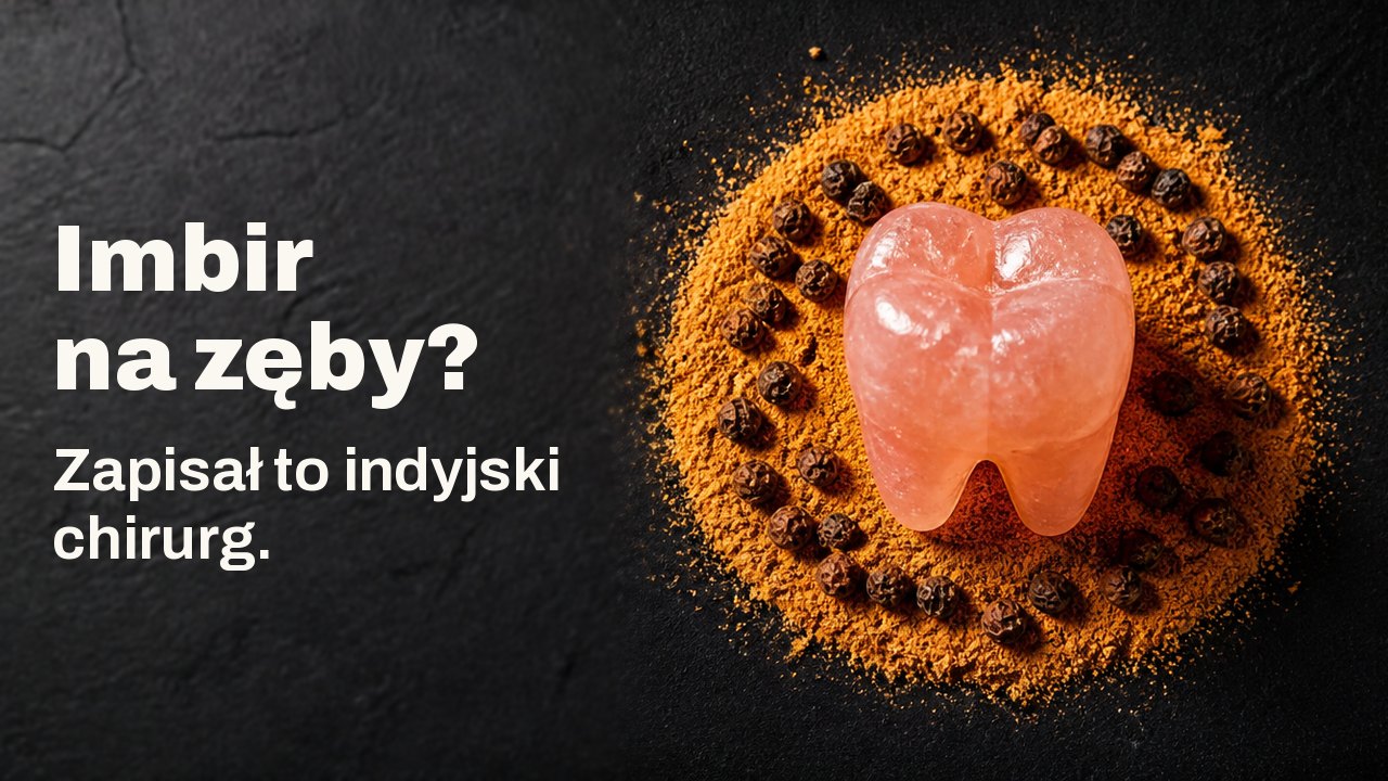 Imbir na zęby? Zapisał to indyjski chirurg. Widok z góry na ciemnoindygowej tkaninie: ząb trzonowy wyrzeźbiony z różowej soli kamiennej stoi w pierścieniu z pomarańczowego mielonego suszonego imbiru i czarnego pieprzu.