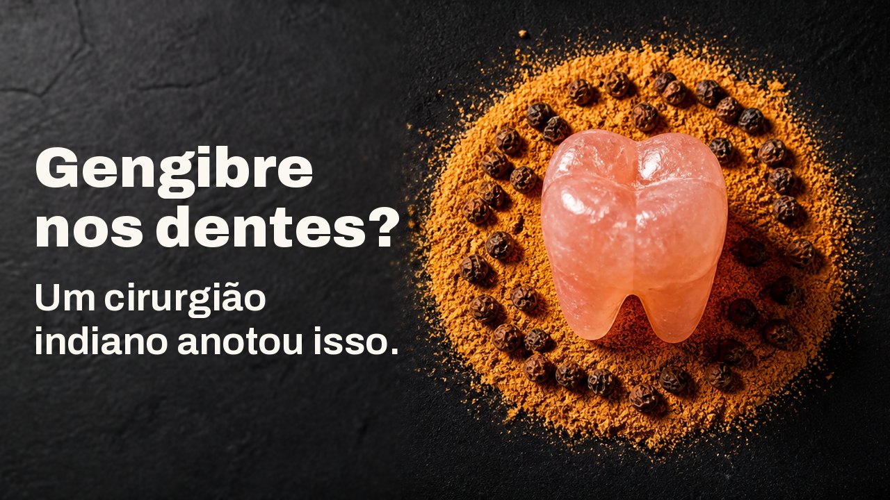 Gengibre nos dentes? Um cirurgião indiano anotou isso. Vista de cima sobre tecido índigo escuro: um molar esculpido em sal gema rosa, de pé dentro de um anel de gengibre seco moído alaranjado e pimenta do reino.