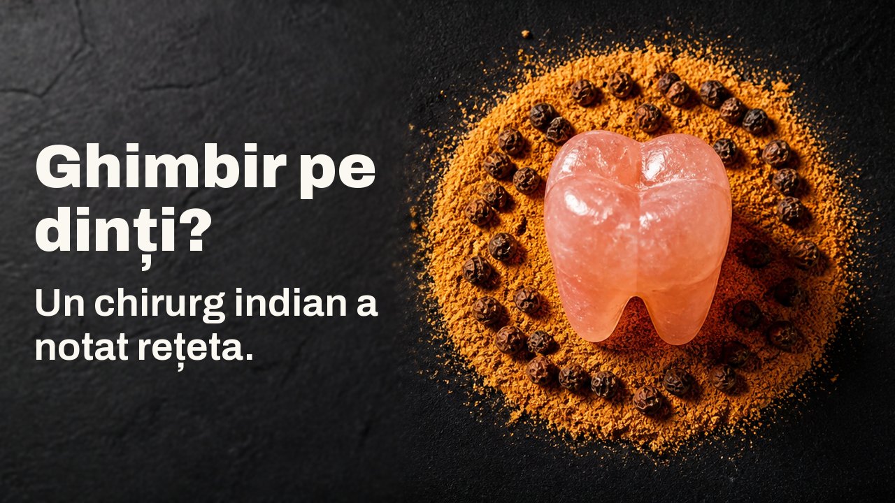 Ghimbir pe dinți? Un chirurg indian a consemnat folosirea lui. Văzută de sus, pe o pânză indigo închis: o măsea sculptată din sare gemă roz stă în inelul de ghimbir uscat măcinat, portocaliu, și piper negru.