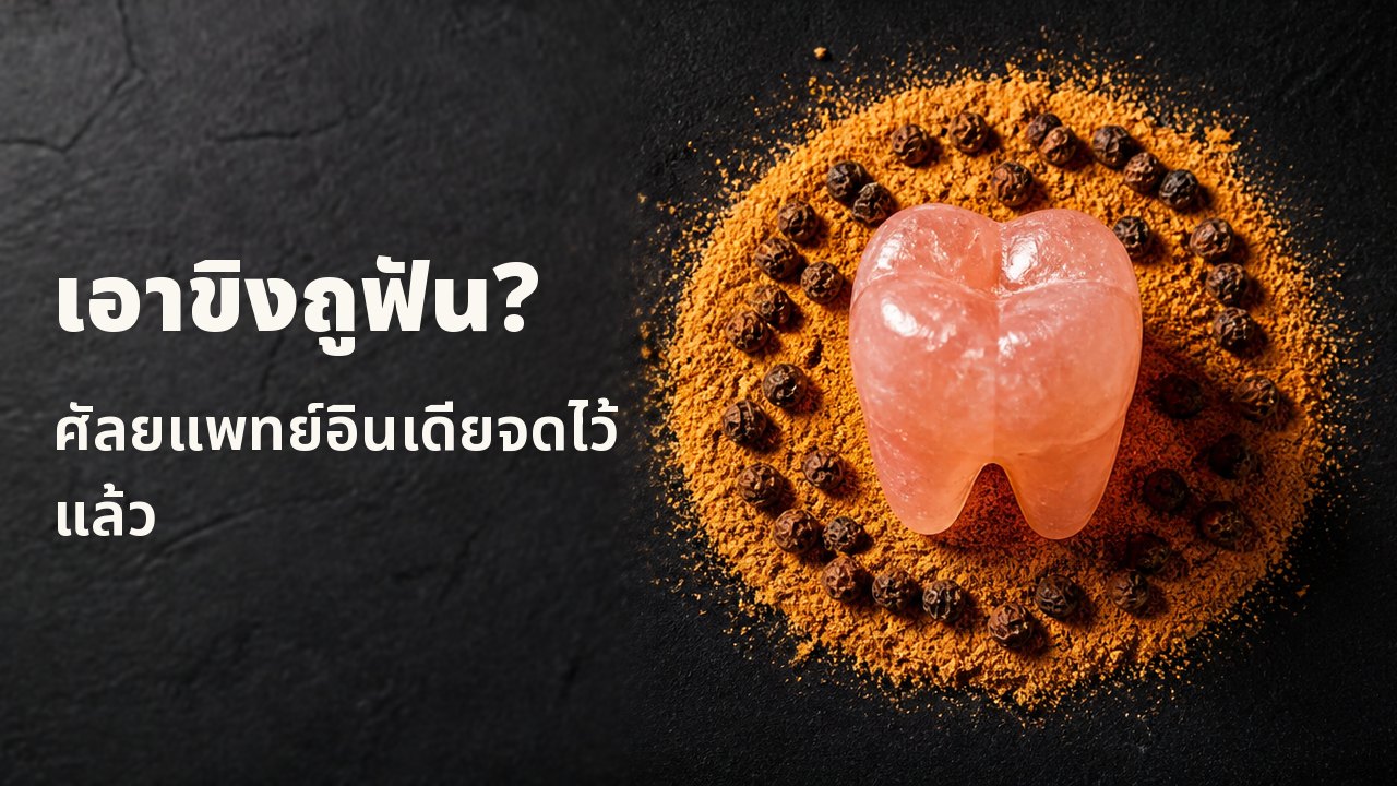 เอาขิงถูฟัน? ศัลยแพทย์อินเดียจดไว้แล้ว มุมมองจากด้านบนบนผ้าสีครามเข้ม: ฟันกรามที่แกะสลักจากเกลือสินเธาว์สีชมพูตั้งอยู่กลางวงแหวนขิงแห้งบดสีส้มและพริกไทยดำ