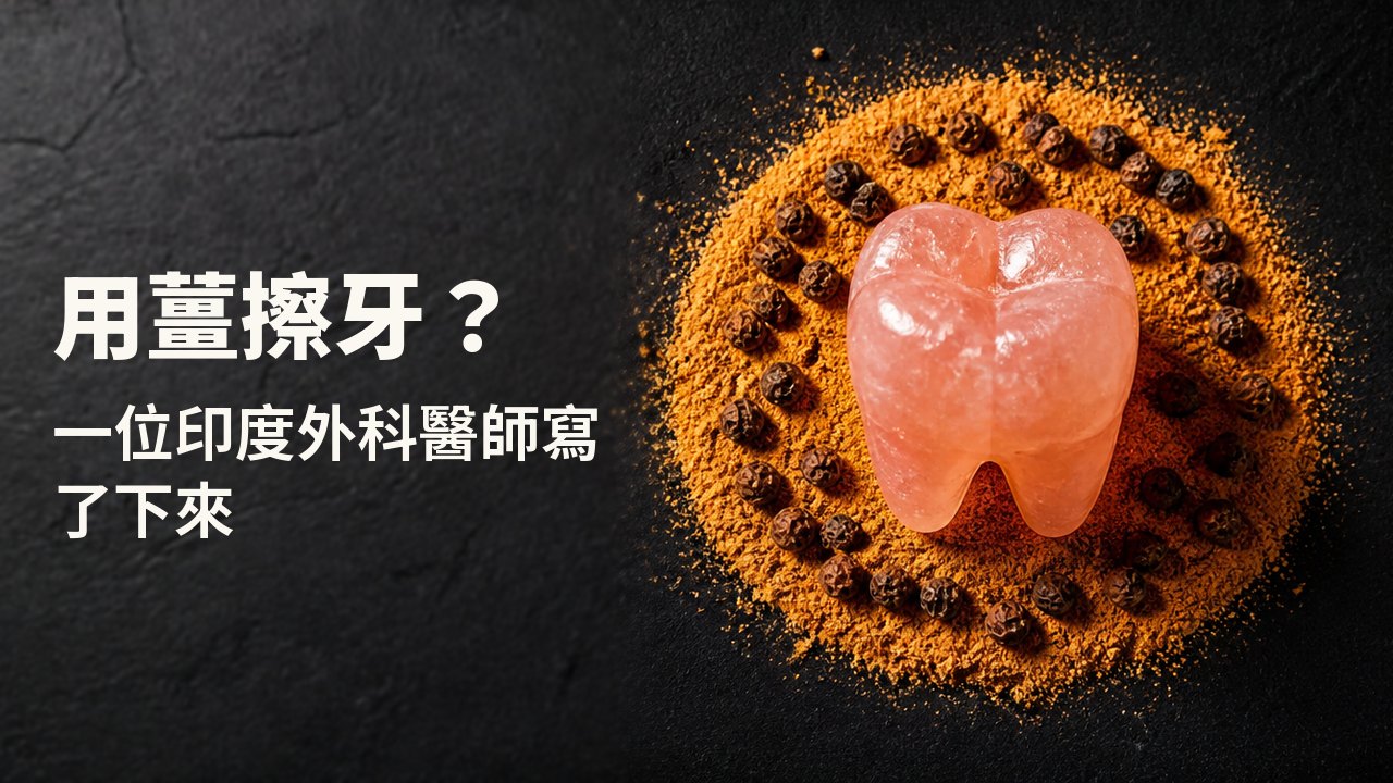 用薑擦牙? 一位印度外科醫師寫了下來 從上方俯瞰深靛藍色的布:一顆用粉紅岩鹽雕成的臼齒,立在一圈橙色乾薑粉和黑胡椒之中。