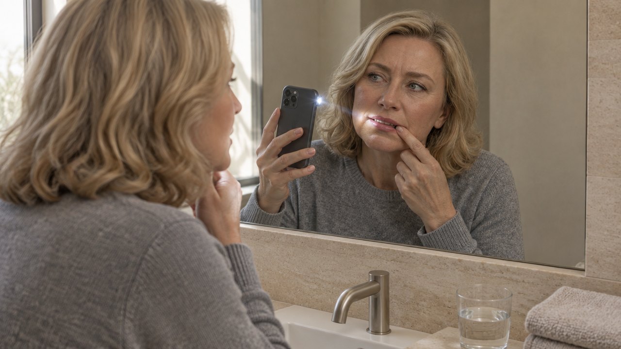 A woman in her early fifties stands close to a bathroom mirror in flat morning light, her phone held up beside her cheek with the torch on, one fingertip drawing the corner of her lip aside as she examines a back tooth in her own reflection.