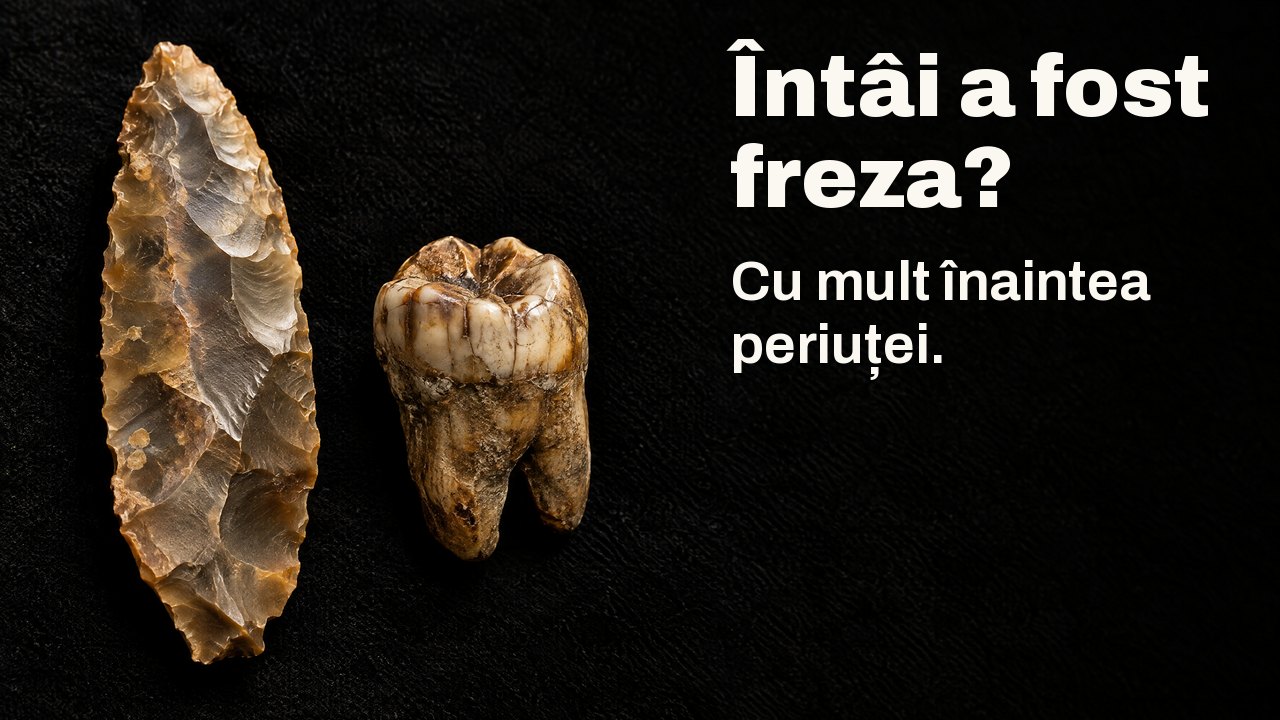 Întâi a fost freza? Cu mult înaintea periuței. Sub un reflector de muzeu: o lamă străveche de silex lângă un molar fosilizat, pe catifea neagră.