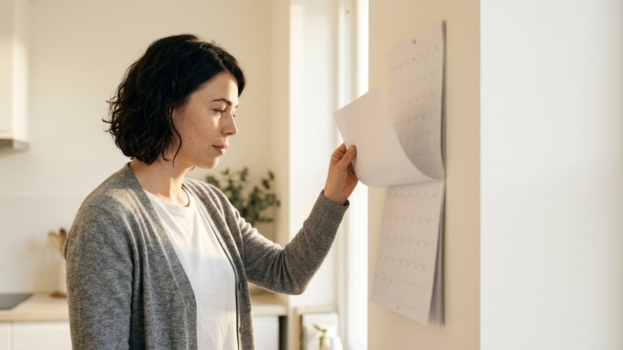 At dawn a woman in a grey cardigan turns the page of a paper wall calendar in her kitchen, the new month half-lifted in her hand.