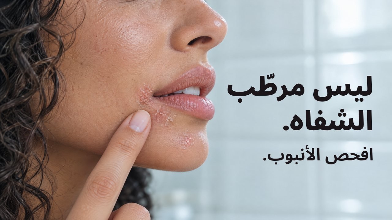 ليس مرطّب الشفاه. افحص الأنبوب. لقطة جانبية قريبة لشفتي امرأة: بقعة جافة محمرّة صغيرة تحت زاوية الفم وطرف إصبعها بجانبها، وخلفها بلاط حمّام أبيض ضبابي.