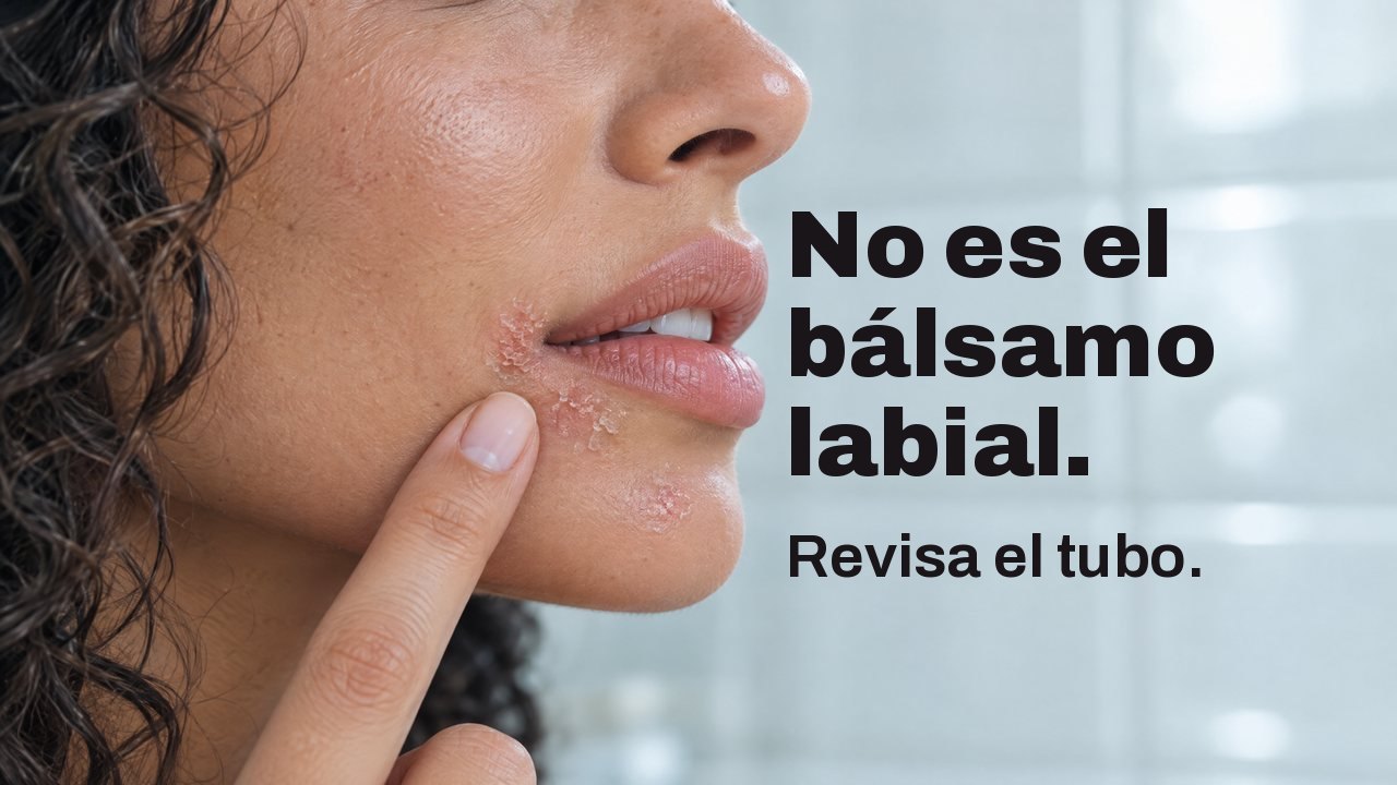 No es el bálsamo labial. Revisa el tubo. Primer plano de perfil de los labios de una mujer: una pequeña zona seca y enrojecida bajo la comisura y la yema de su dedo al lado; detrás, azulejos blancos del baño desenfocados.