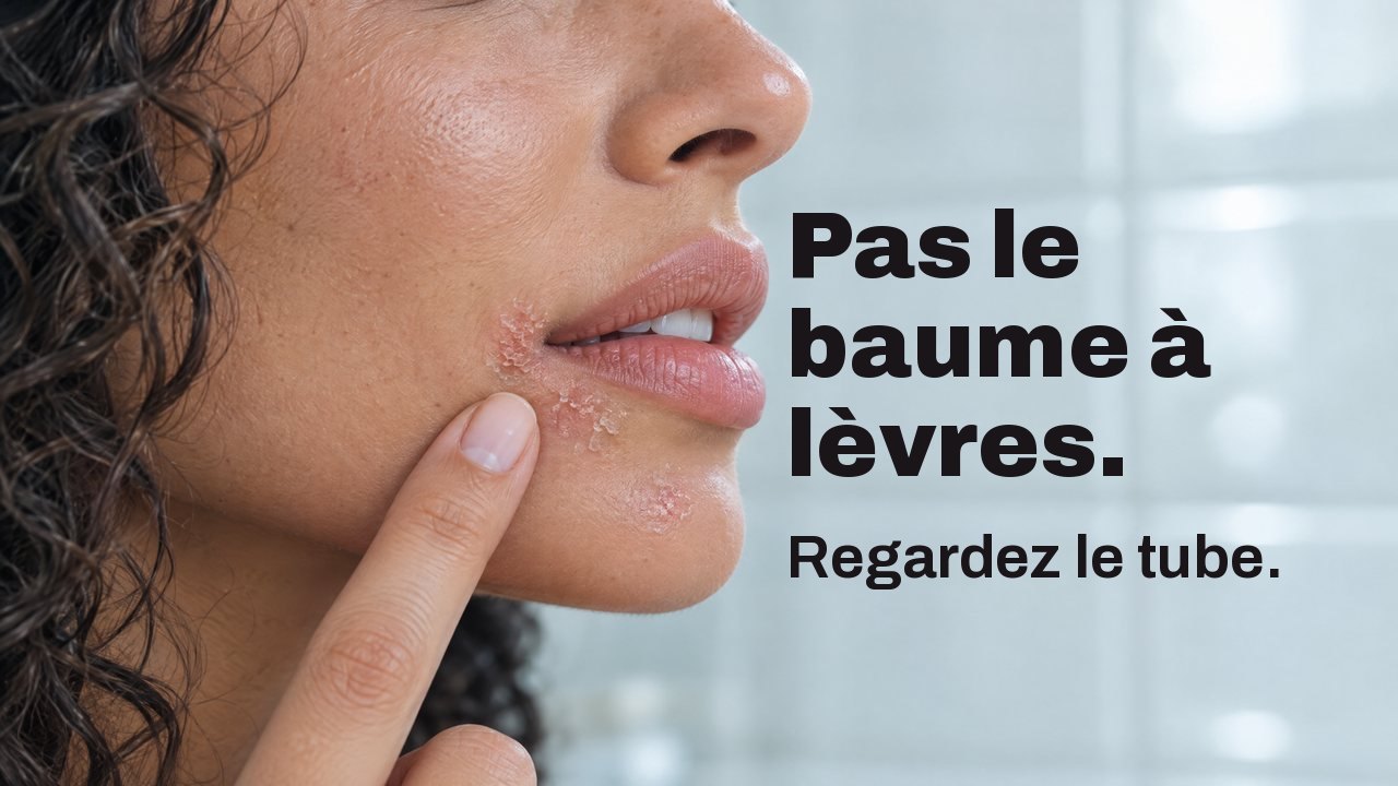Pas le baume à lèvres. Regardez le tube. Gros plan de profil sur les lèvres d’une femme : une petite plaque sèche et rougie sous le coin de la bouche, le bout de son doigt à côté ; derrière, un carrelage blanc de salle de bains flou.