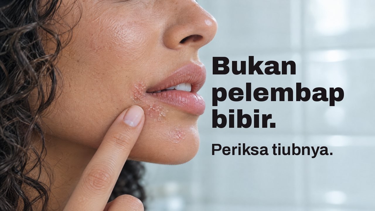 Bukan pelembap bibir. Periksa tiubnya. Gambar dekat dari sisi bibir seorang wanita: tompok kecil yang kering dan kemerahan di bawah hujung mulut, hujung jarinya di sebelah; di belakang, jubin putih bilik mandi yang kabur.