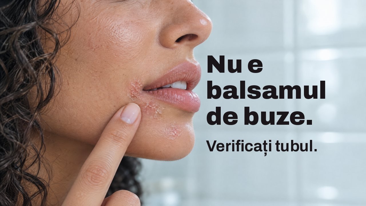 Nu e balsamul de buze. Verificați tubul. Prim plan din profil al buzelor unei femei: o mică zonă uscată și înroșită sub colțul gurii, cu vârful degetului alături; în spate, faianță albă de baie, neclară.