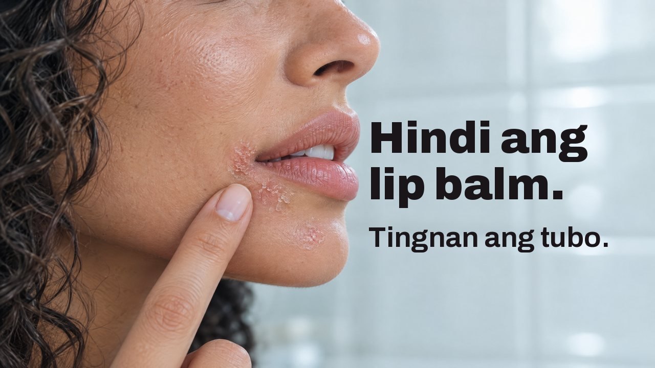 Hindi ang lip balm. Tingnan ang tubo. Malapitang kuha mula sa gilid ng mga labi ng isang babae: maliit na tuyo at namumulang bahagi sa ilalim ng sulok ng bibig, at ang dulo ng kanyang daliri sa tabi nito; sa likod, malabong puting tiles ng banyo.