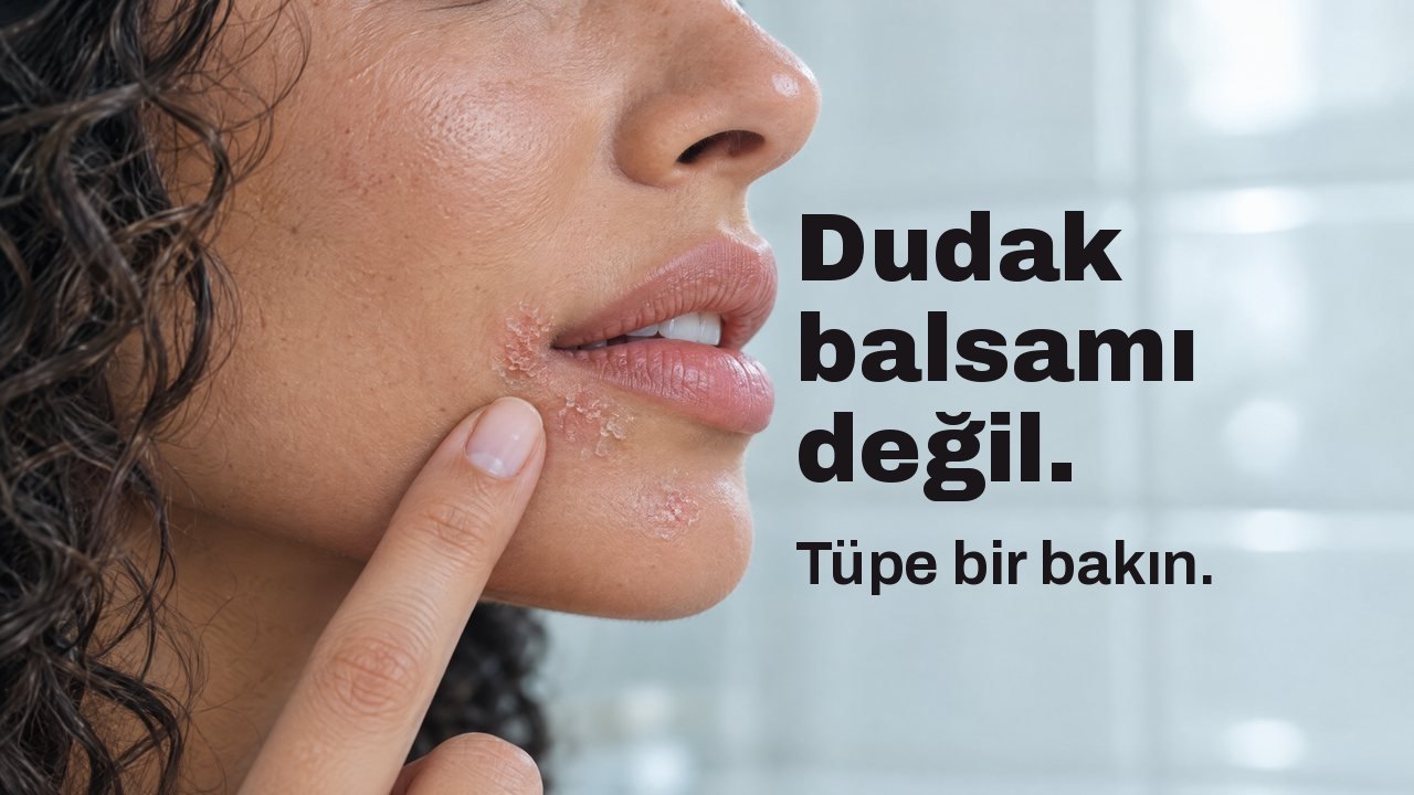 Dudak balsamı değil. Tüpe bir bakın. Bir kadının dudaklarına yandan yakın çekim: ağız kenarının altında küçük, kuru, kızarık bir leke ve yanında parmağının ucu; arkada bulanık beyaz banyo fayansları.