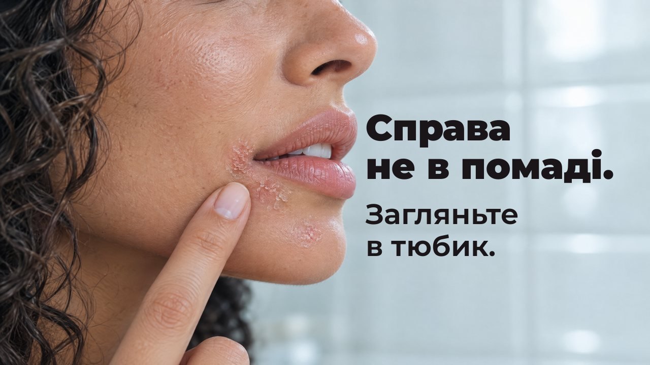 Справа не в помаді. Загляньте в тюбик. Губи жінки великим планом у профіль: під кутиком рота маленька суха почервоніла пляма, поруч кінчик її пальця; позаду розмита біла плитка ванної.