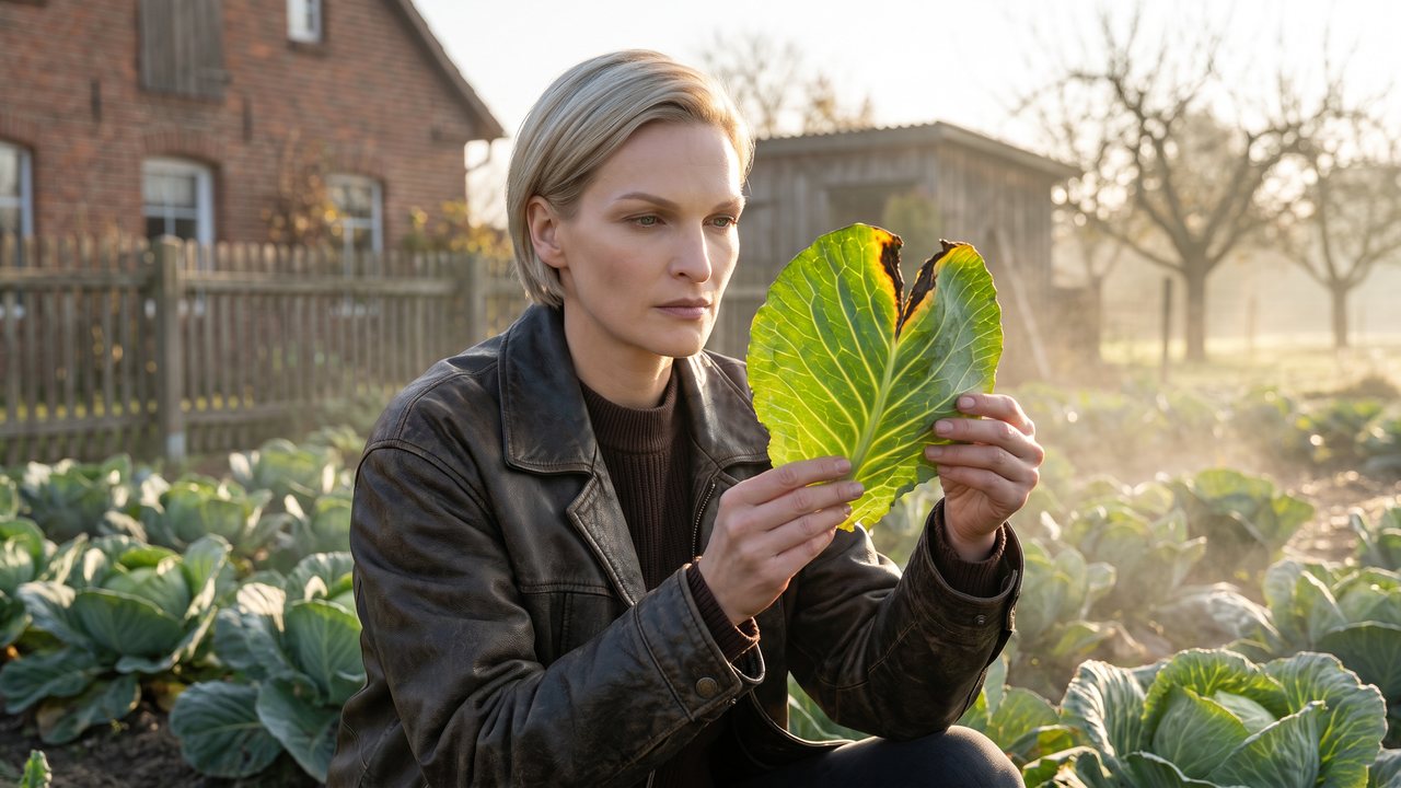 เช้าตรู่ในแปลงผักหลังบ้านในชนบทของเยอรมนี: ผู้หญิงในแจ็กเก็ตหนังสีเข้มเก่า ๆ นั่งยองอยู่ระหว่างแถวกะหล่ำปลี ชูใบนอกใบหนึ่งขึ้นรับแดดยามเช้าที่ทอมาต่ำ ขอบใบมีรอยด่างสีเข้มรูปตัว V ของโรคเน่าดำ