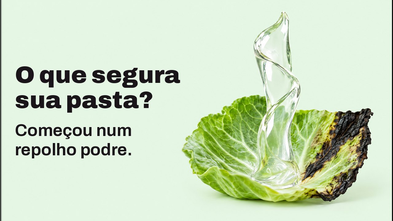 O que segura sua pasta? Começou num repolho podre. Close na altura da folha, sobre fundo verde menta claro: uma fita brilhante de gel transparente sobe na vertical de uma folha de repolho fresca com a borda escurecida e fica em pé sozinha, como uma escultura.