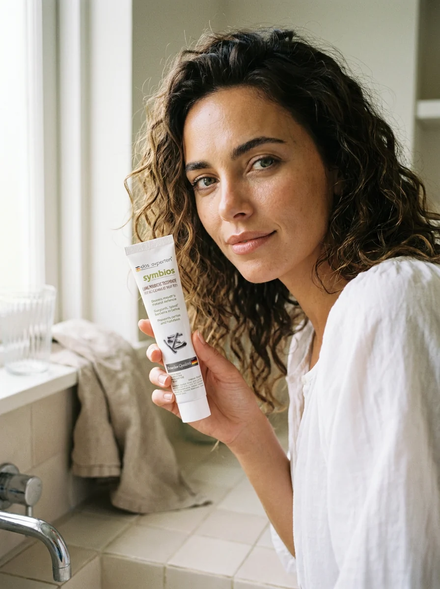 Woman using Das Experten symbios probiotic toothpaste