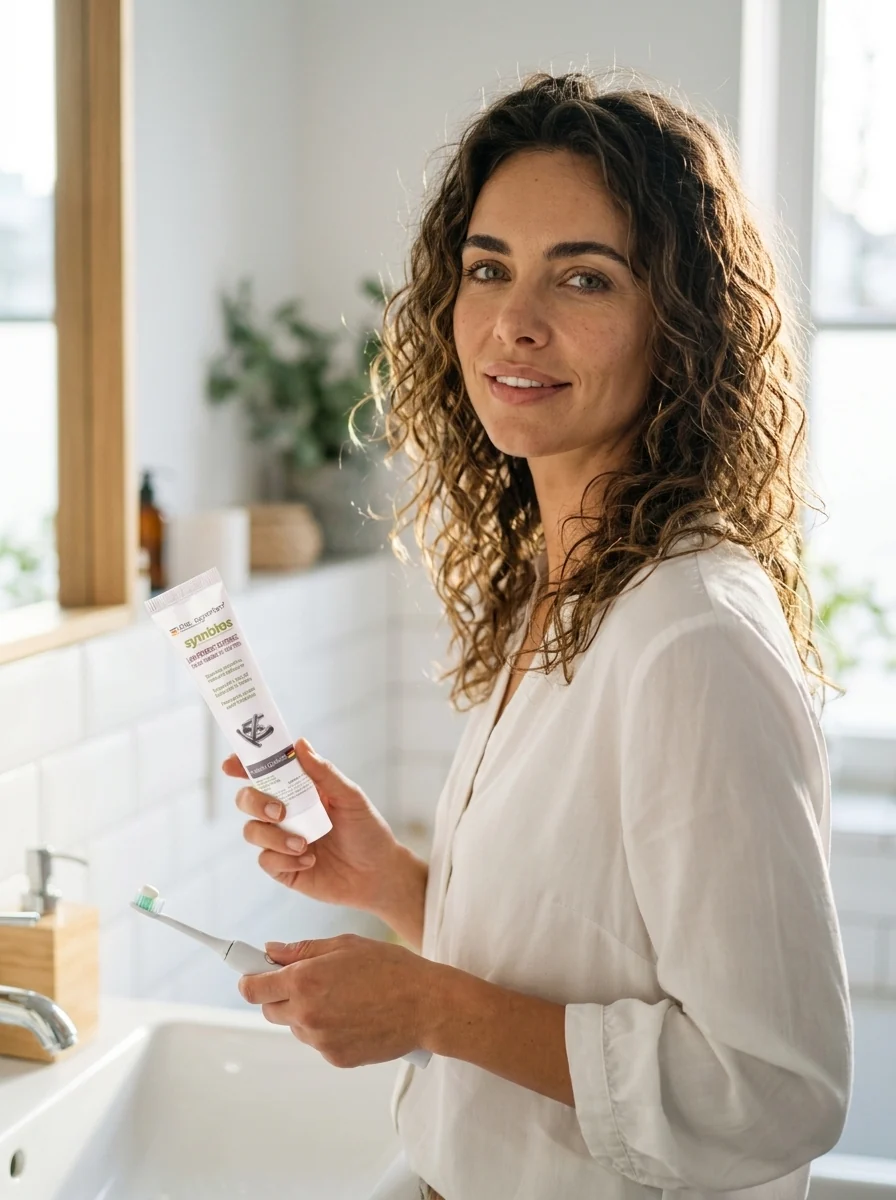 Woman using Das Experten symbios probiotic toothpaste in a bright bathroom