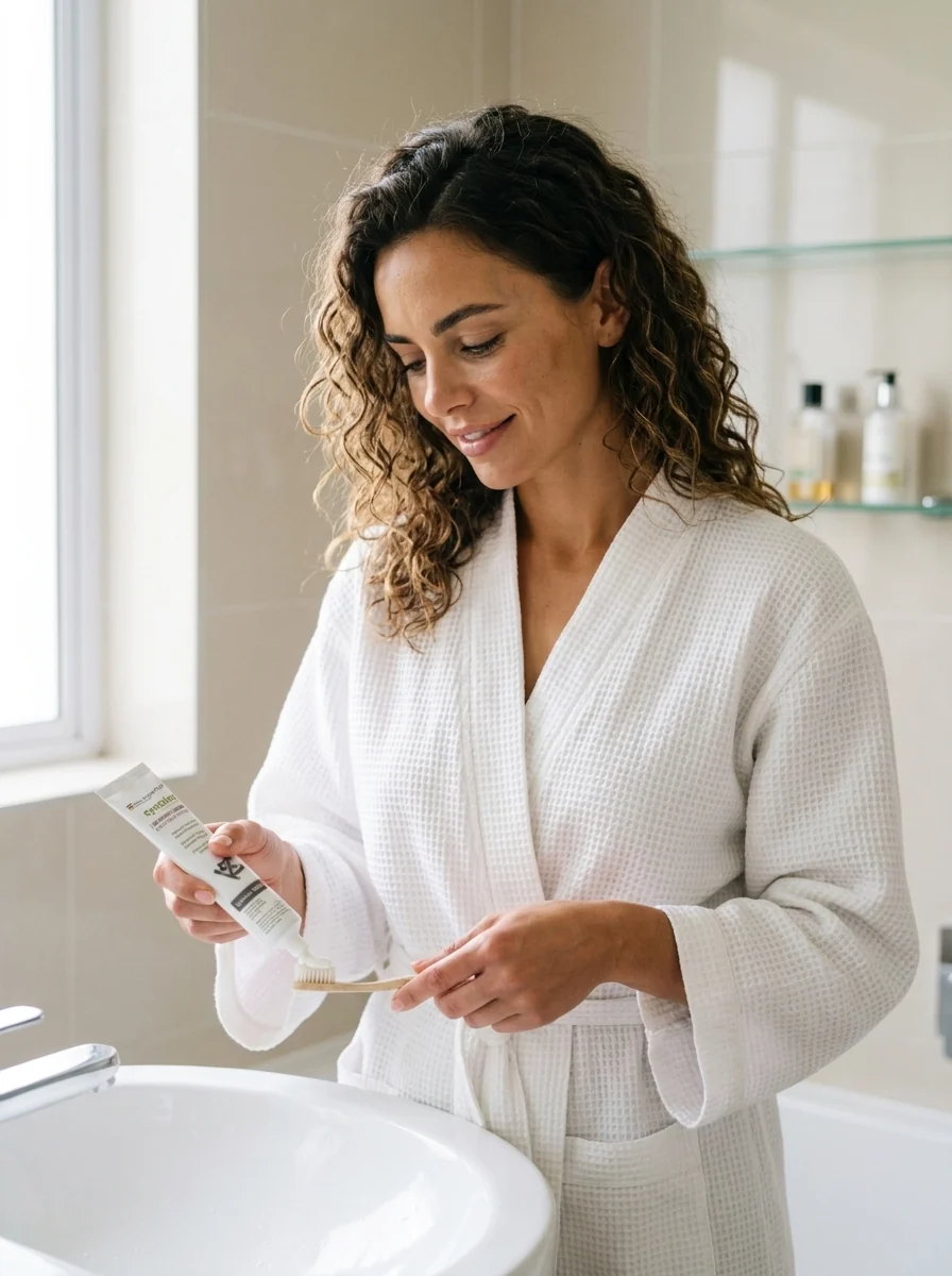 Woman using Das Experten symbios probiotic toothpaste