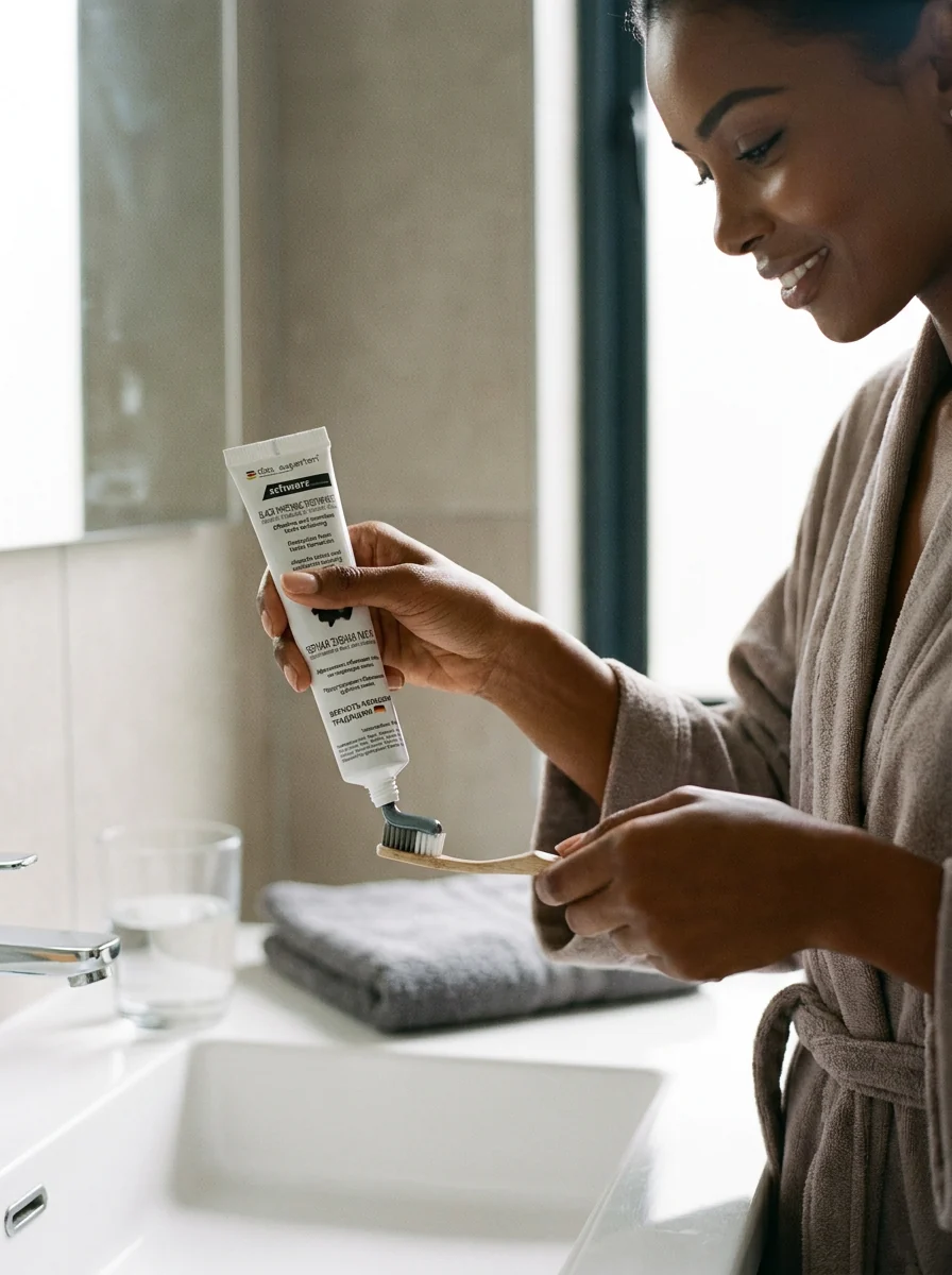 Woman using Das Experten schwarz charcoal toothpaste at the bathroom basin