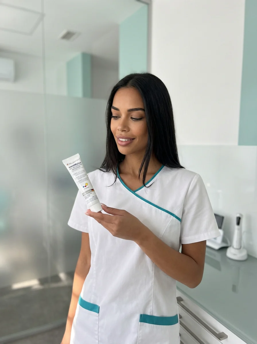 Dental professional recommending Das Experten innoWeiss enzyme whitening toothpaste