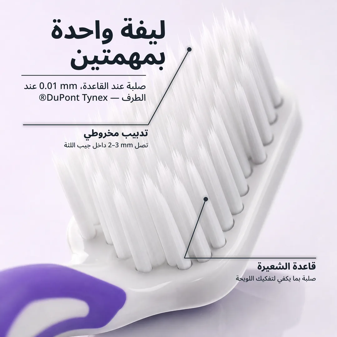 ليفة واحدة بمهمتين — صلبة عند القاعدة، 0.01 mm عند الطرف — DuPont Tynex® · تدبيب مخروطي: تصل 2–3 mm داخل جيب اللثة · قاعدة الشعيرة: صلبة بما يكفي لتفكيك اللويحة