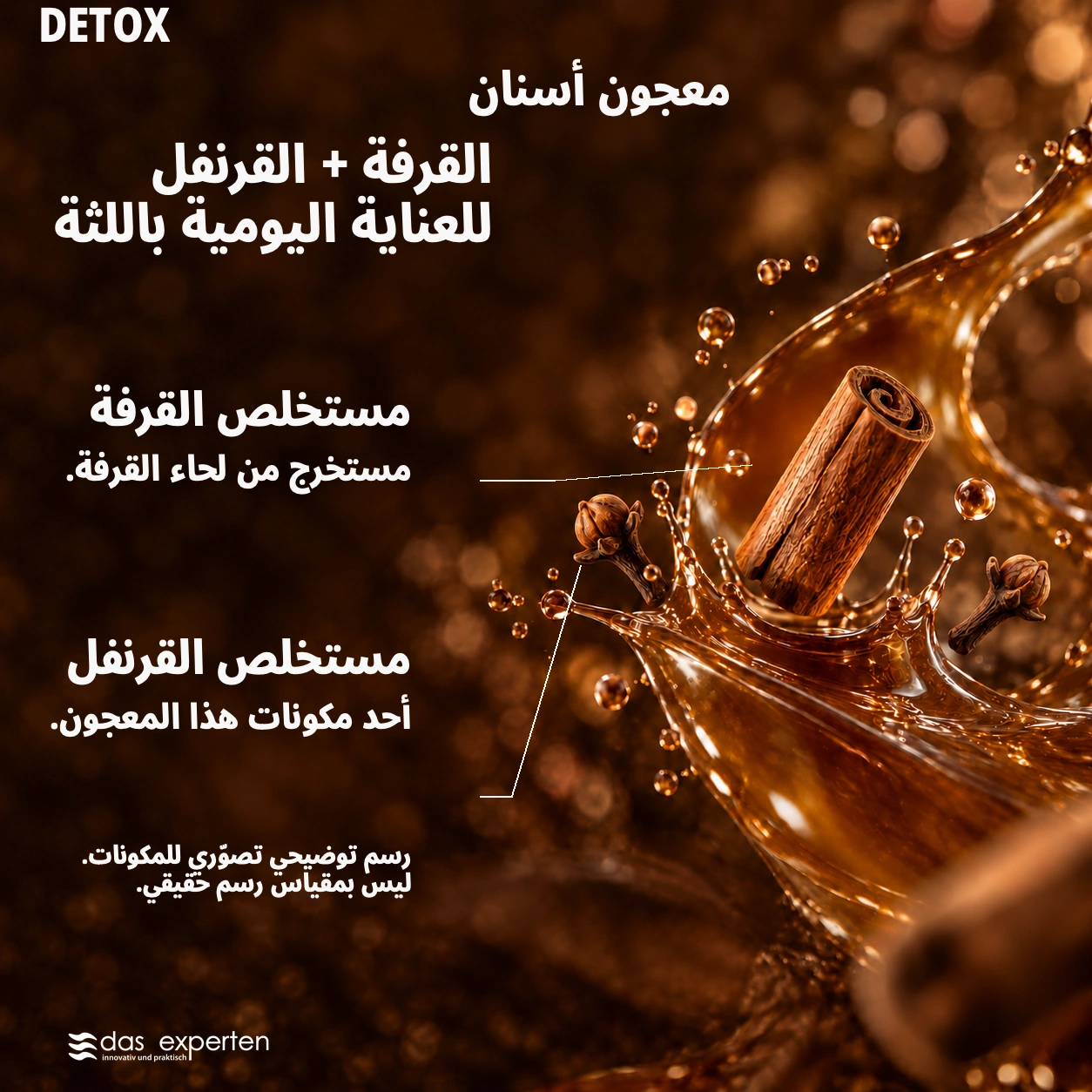 DETOX · القرفة + القرنفل · للعناية اليومية باللثة · رسم توضيحي تصوّري للمكونات. · ليس بمقياس رسم حقيقي.