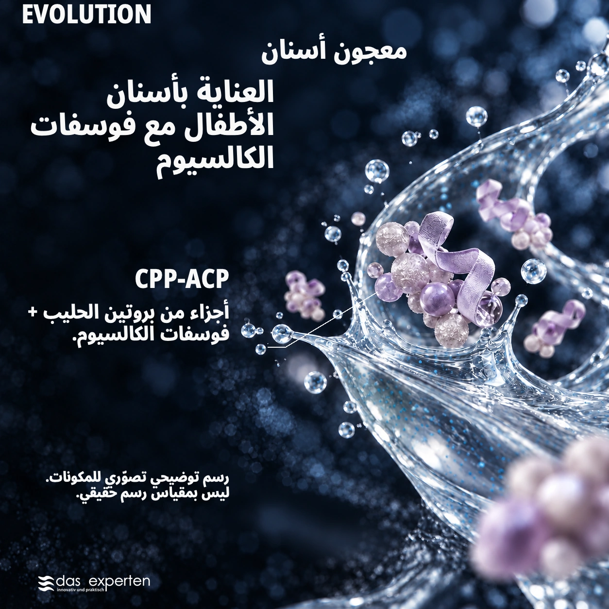 EVOLUTION · العناية بأسنان الأطفال · مع فوسفات الكالسيوم · رسم توضيحي تصوّري للمكونات. · ليس بمقياس رسم حقيقي.