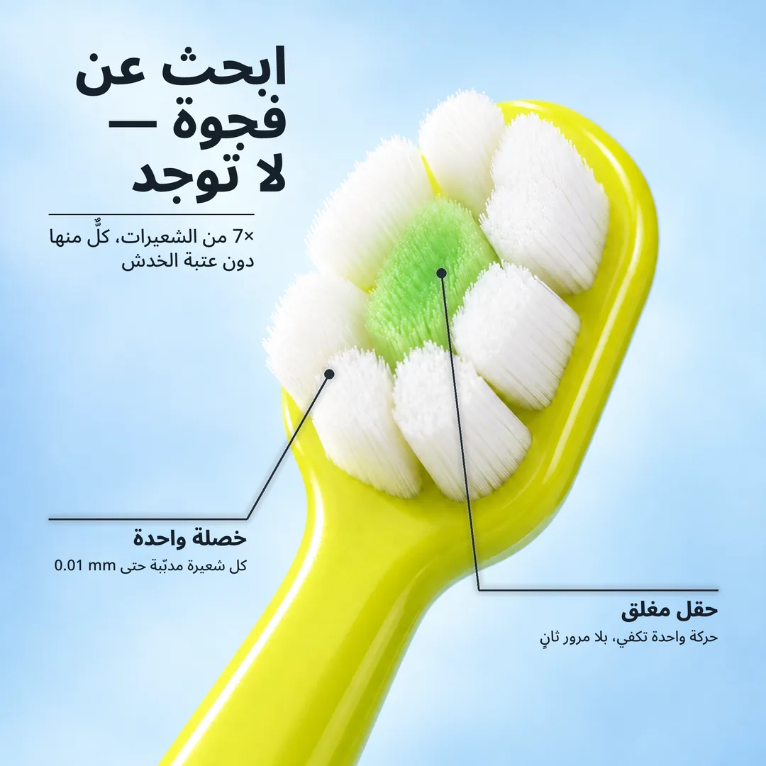 ابحث عن فجوة — لا توجد — 7× من الشعيرات، كلٌّ منها دون عتبة الخدش · خصلة واحدة: كل شعيرة مدبّبة حتى 0.01 mm · حقل مغلق: حركة واحدة تكفي، بلا مرور ثانٍ