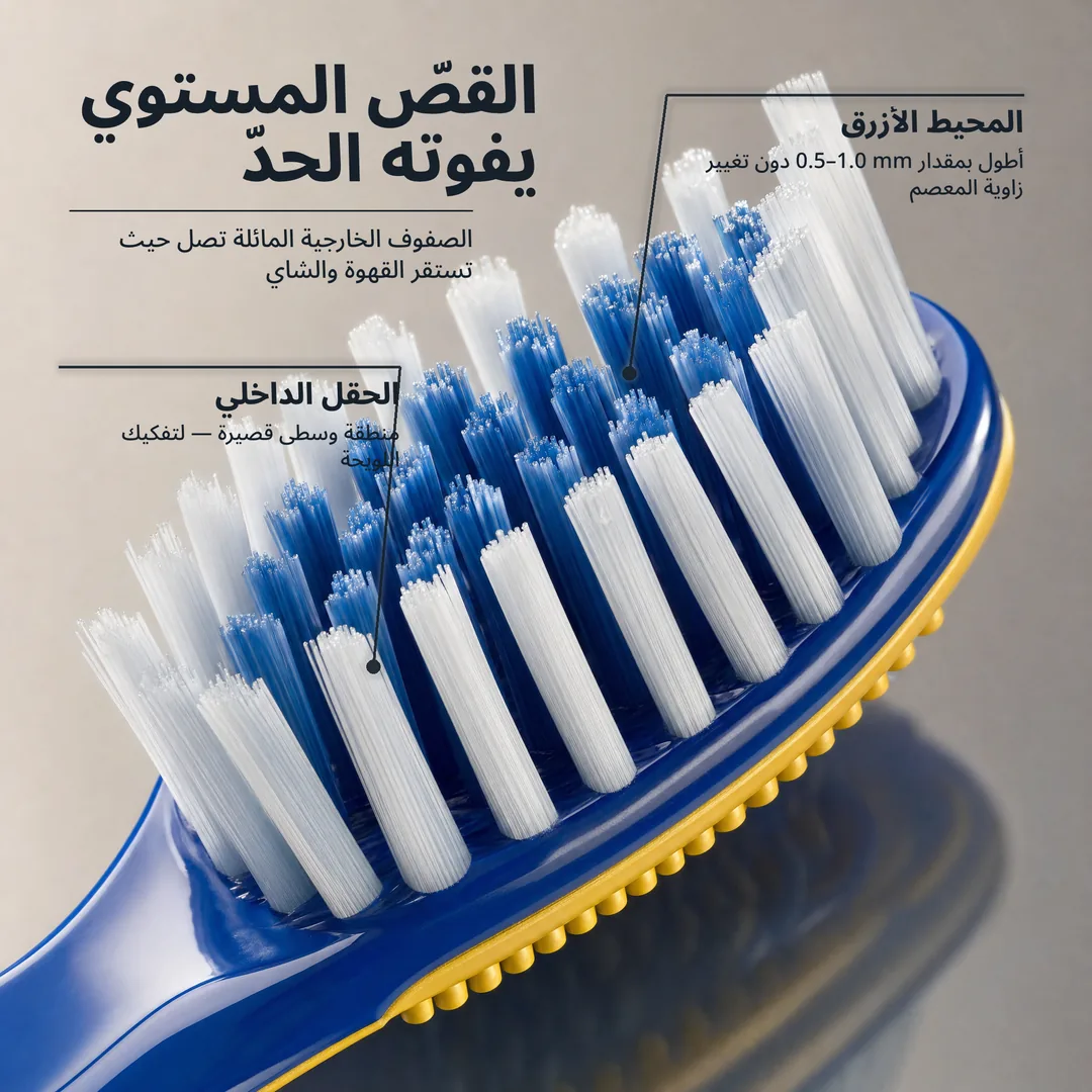 القصّ المستوي يفوته الحدّ — الصفوف الخارجية المائلة تصل حيث تستقر القهوة والشاي · المحيط الأزرق: أطول بمقدار 0.5–1.0 mm دون تغيير زاوية المعصم · الحقل الداخلي: منطقة وسطى قصيرة — لتفكيك اللويحة